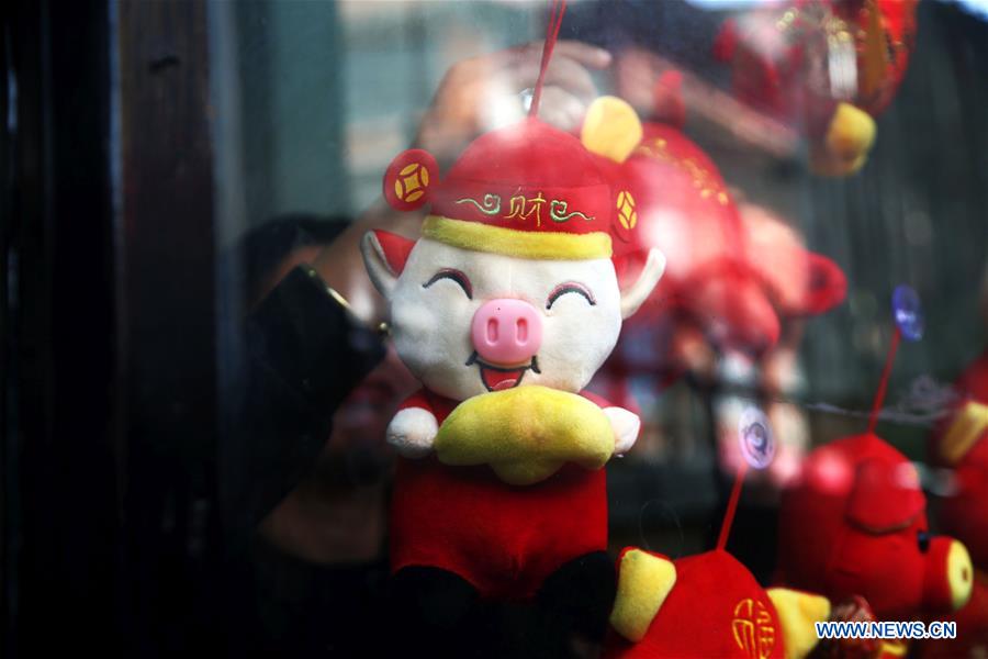 Decorations set up for Chinese Lunar New Year at shop in Kathmandu